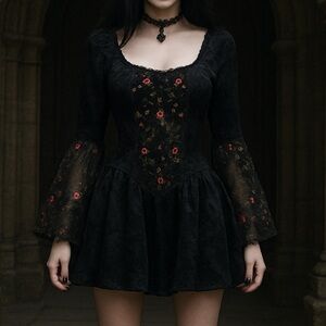 Jeannie nitro vintage black gothic mini bell sleeve dress L